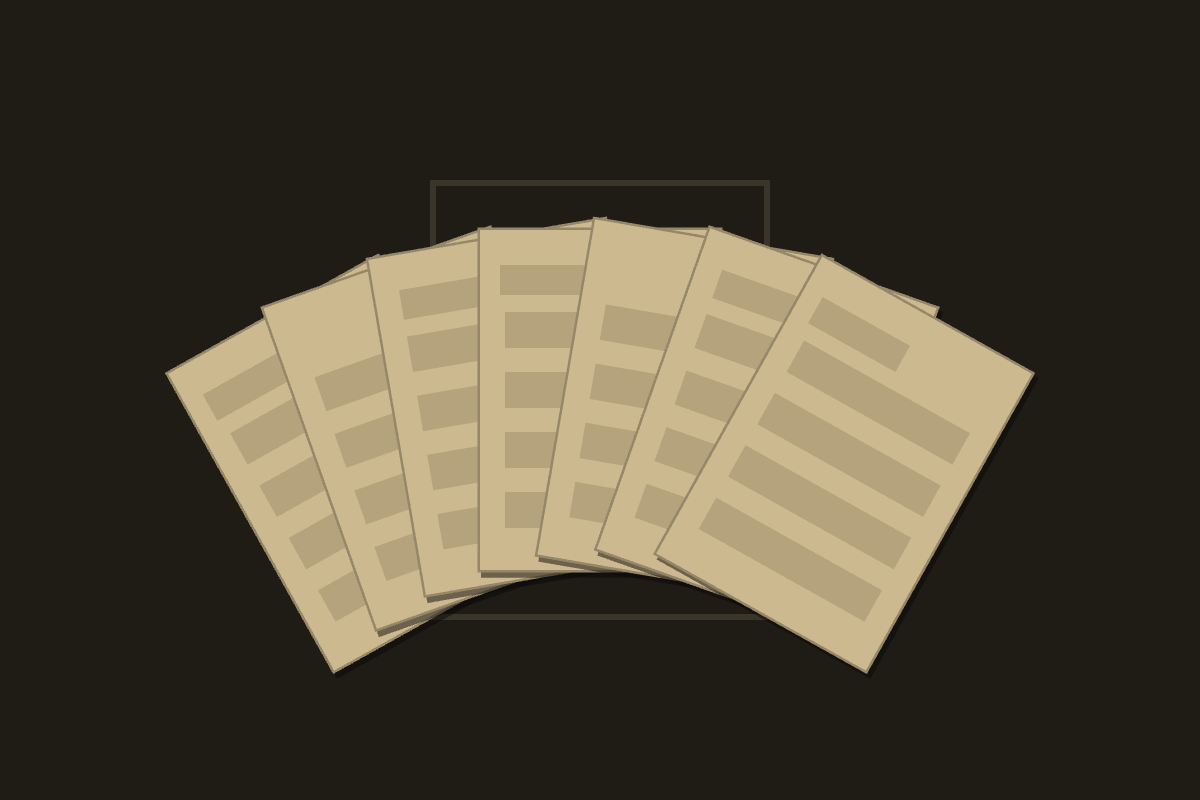 A top-down view of a desk. Blank pages drop onto it, gather into a fan, then close into one stack in a tray.